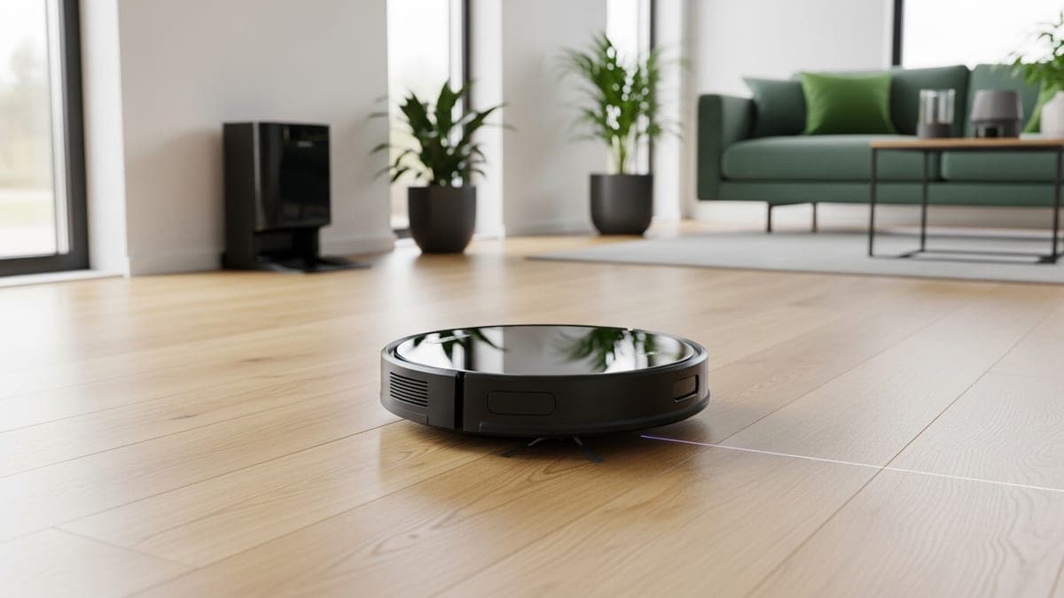 Aspirateur robot Roborock Saros 20 sur un parquet clair dans un salon lumineux