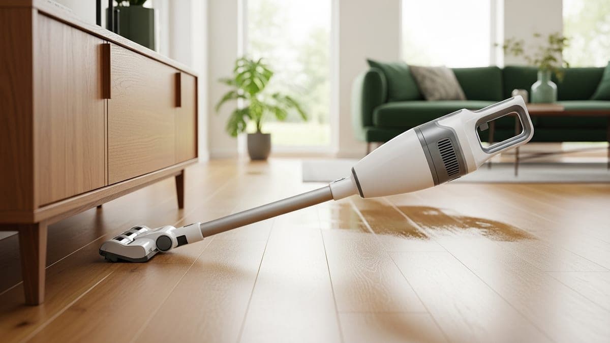 Aspirateur laveur balai sans fil incliné à plat glissant sous un meuble bas sur un parquet clair, fine trace d'eau propre au sol