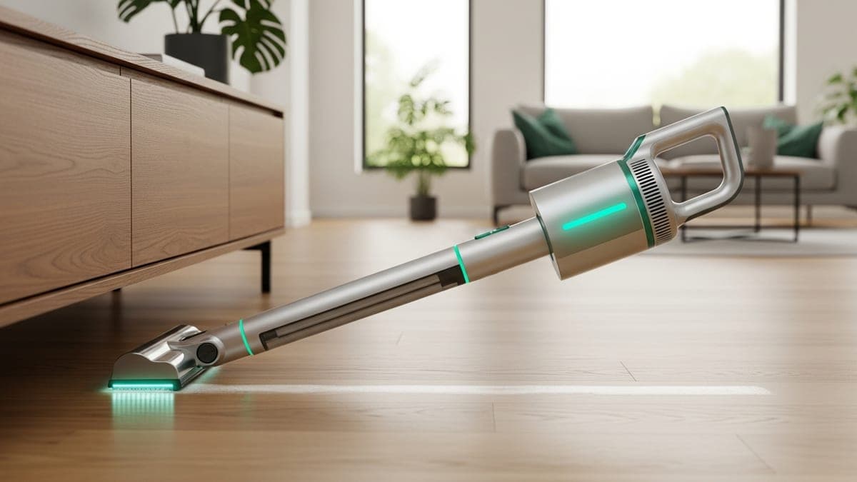 Aspirateur laveur balai sans fil au manche pliable couché à plat pour se glisser sous un meuble bas, parquet clair, salon lumineux