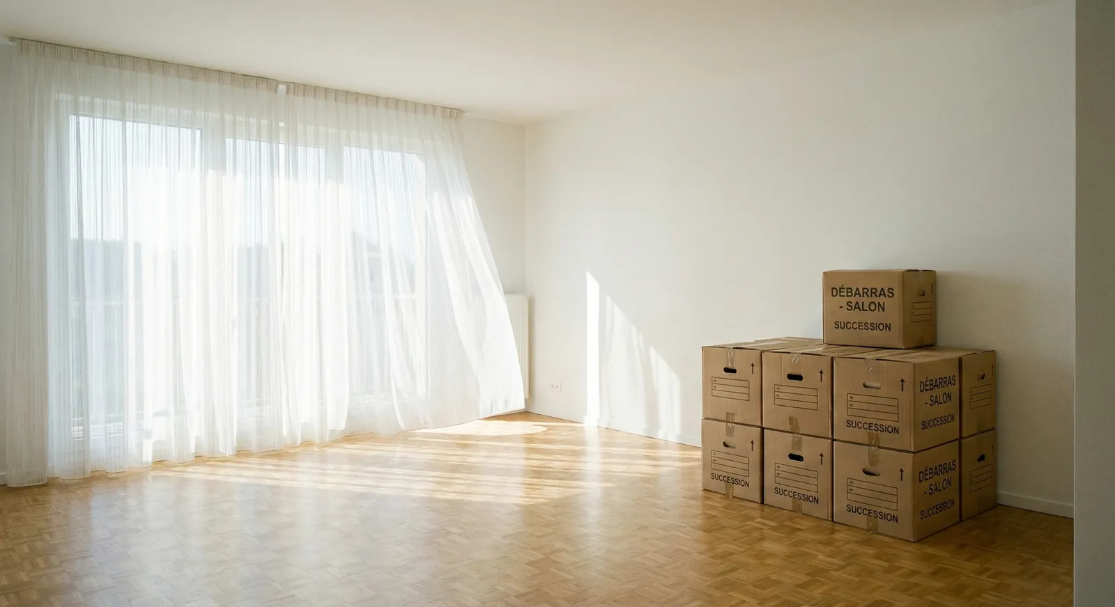Appartement lumineux et serein après débarras de succession, pièce vide avec parquet clair et lumière naturelle