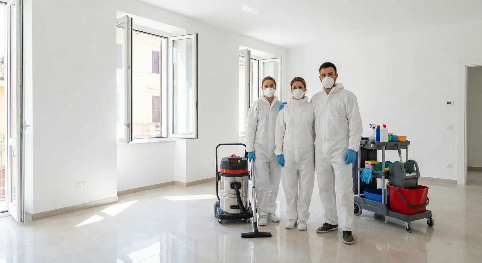 Équipe de nettoyage professionnel LeBonTri en tenue de protection blanche intervenant dans un logement remis en état