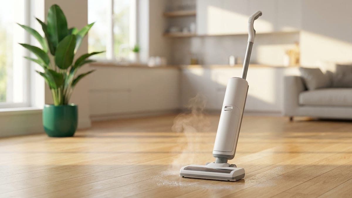 Aspirateur laveur balai sans fil sur un parquet clair, fine vapeur d'eau chaude près de la brosse, cuisine lumineuse