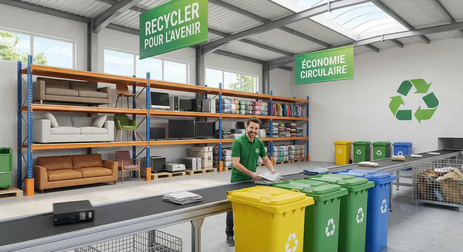 Centre de tri et recyclage LeBonTri avec objets classés par catégorie pour réemploi et économie circulaire