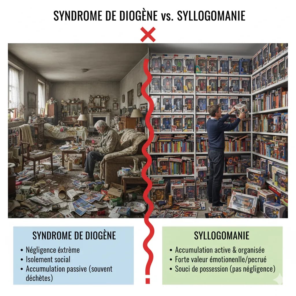 Illustration mettant en parallèle le syndrome de Diogène et la syllogomanie