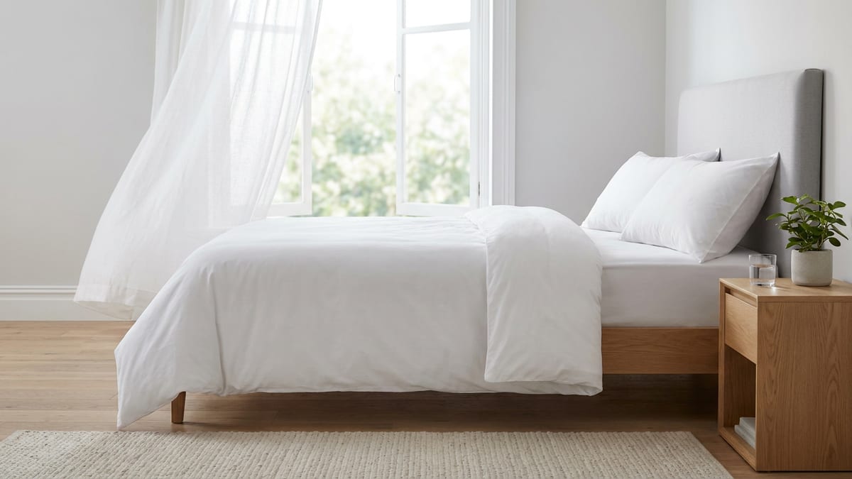 Chambre lumineuse au matin, fenêtre grande ouverte et voilage soulevé par l'air, lit au linge blanc et table de chevet en chêne