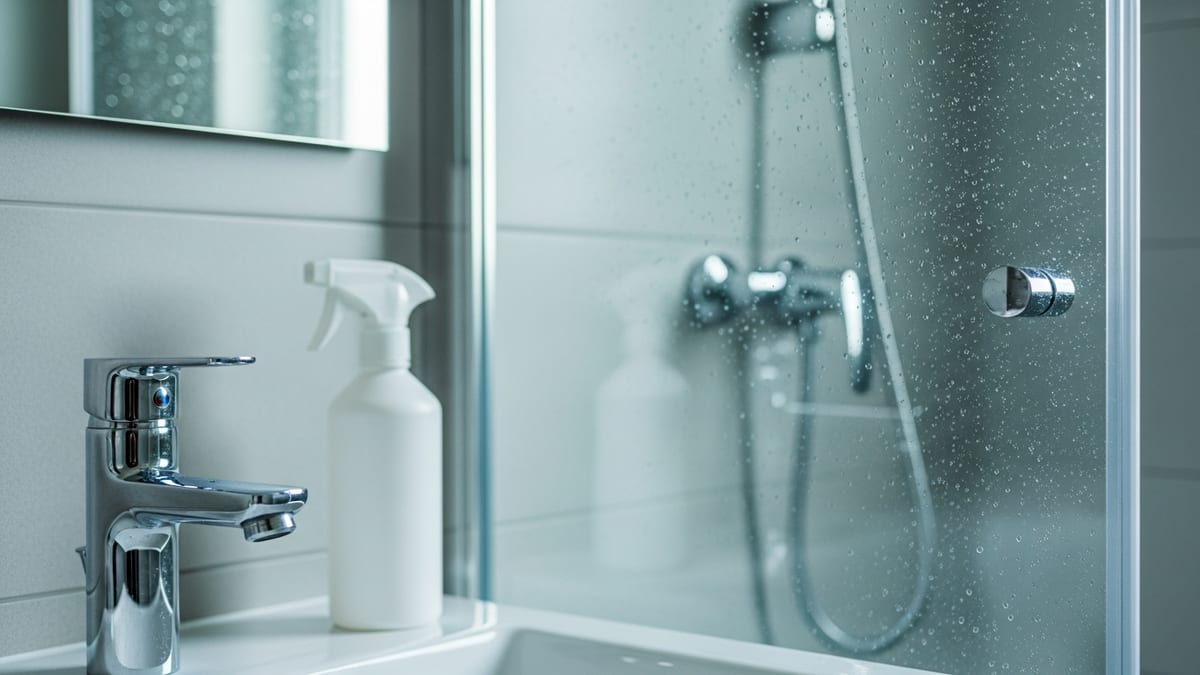 Robinet chromé et paroi de douche sans calcaire, brillants après détartrage