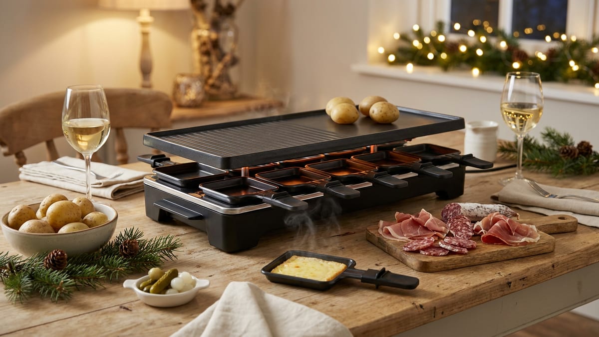 Appareil à raclette électrique à huit poêlons au centre d'une table en bois, un poêlon de fromage fondu, pommes de terre, charcuterie et cornichons