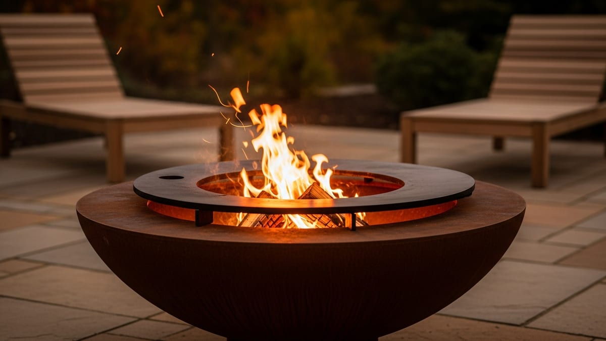Comparatif des meilleurs braseros 2026 : bol à feu en acier corten avec plancha, feu de bois sur une terrasse au crépuscule
