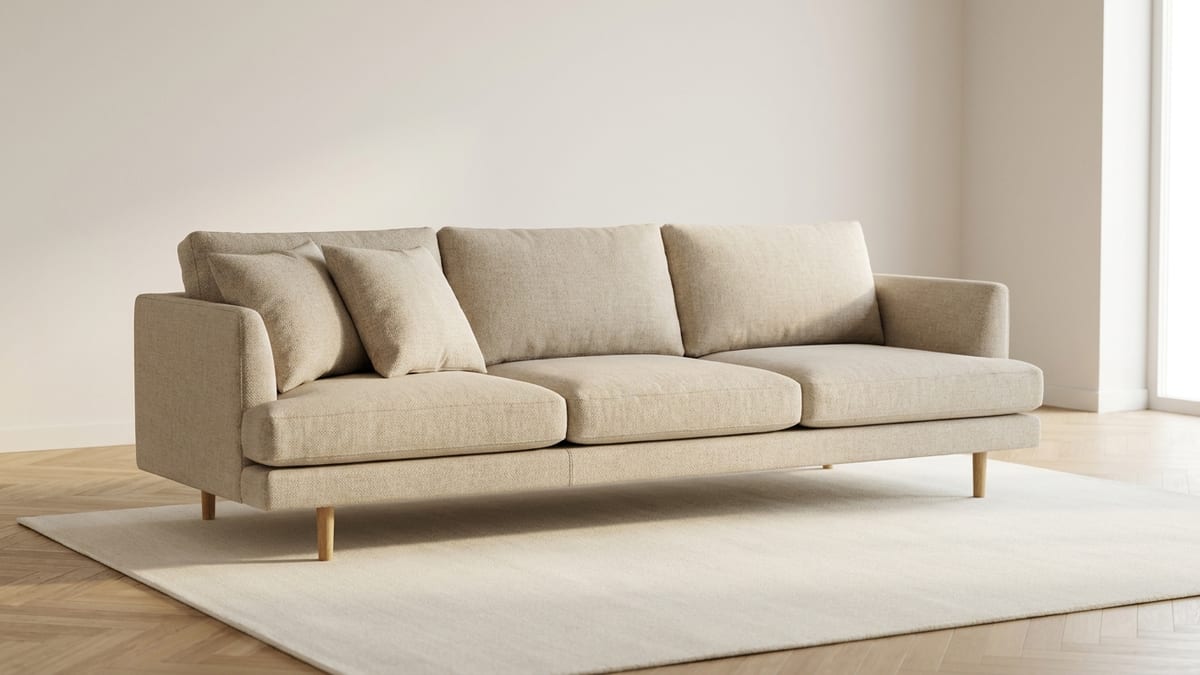 Canapé droit trois places en tissu beige à coussins d'assise profonds et pieds en bois clair, vu de trois quarts dans un salon lumineux au parquet chêne