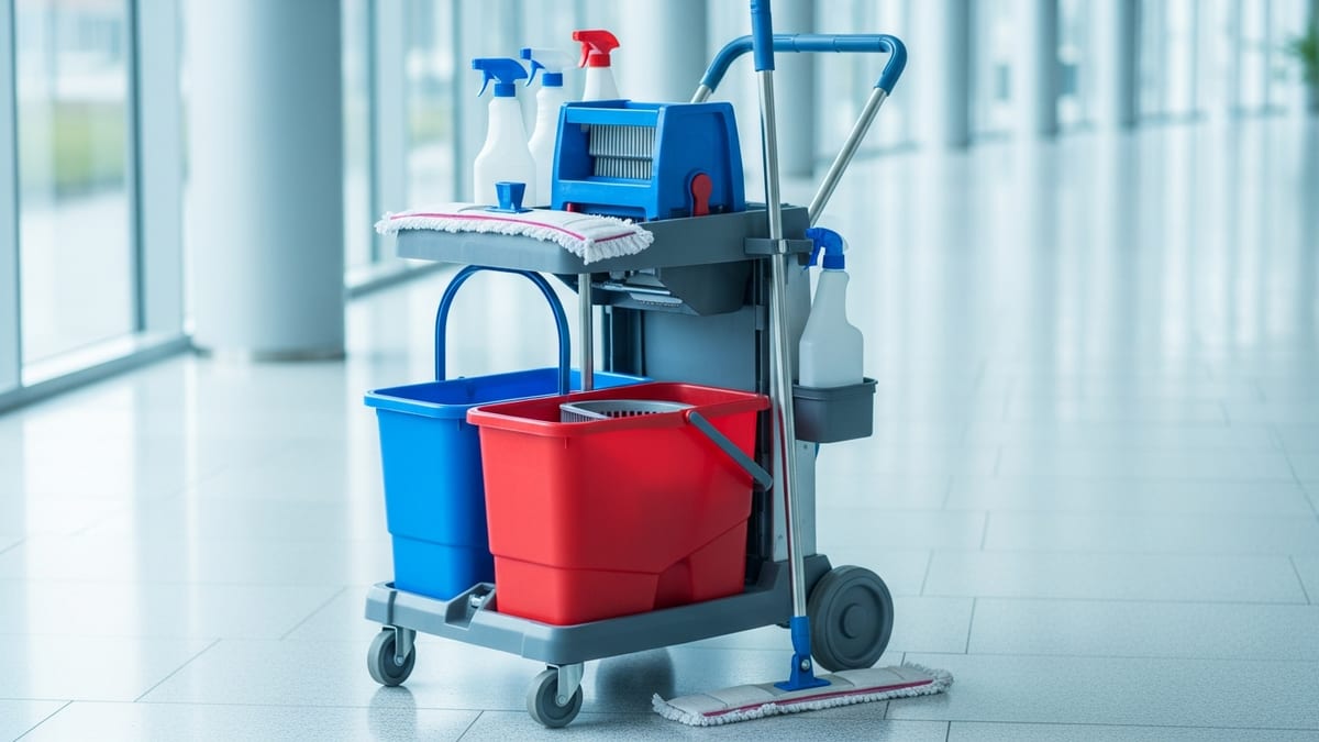 Chariot de nettoyage professionnel double seau avec presse à plat dans un couloir
