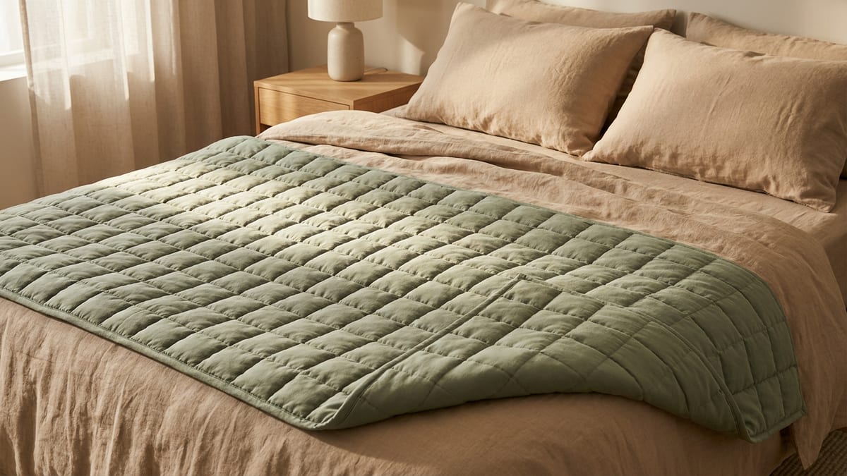 Couverture lestée vert sauge à compartiments carrés cousus, étendue sur un lit en lin beige au pied des oreillers