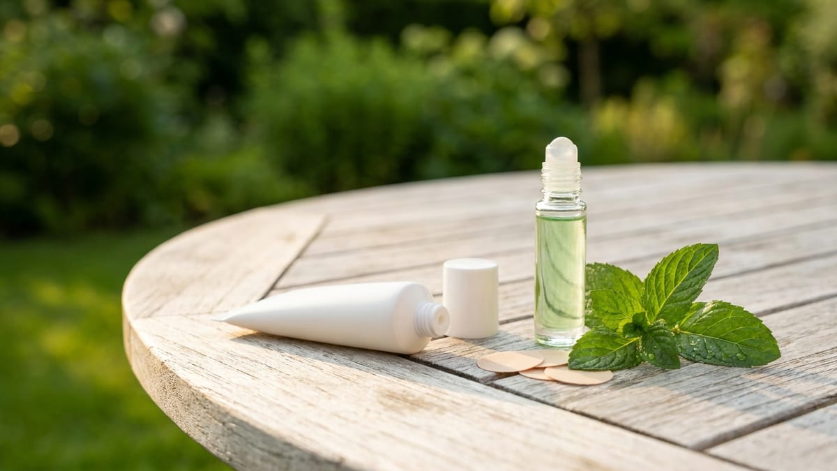 Tube de crème apaisante, roll-on après-piqûre et patchs posés sur une table de jardin en été
