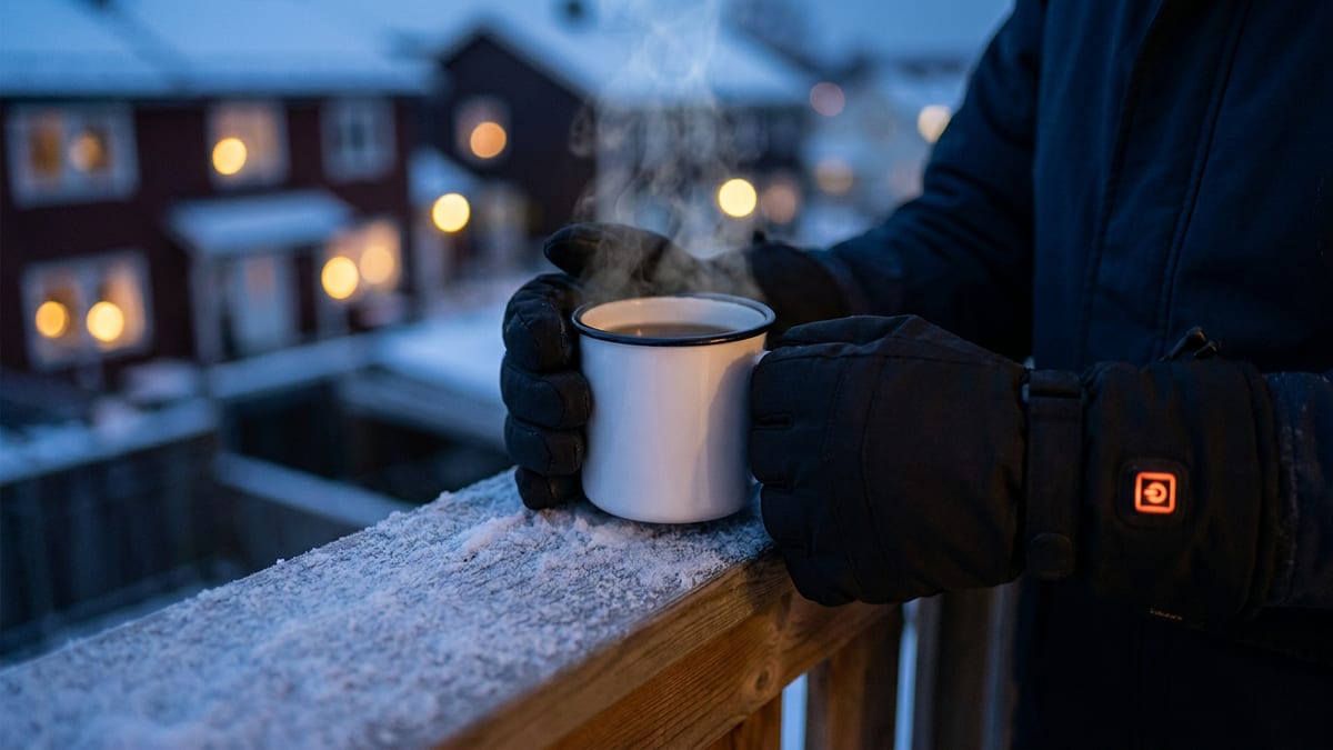 Deux mains dans des gants chauffants noirs, voyant allumé au poignet, tenant une tasse fumante sur un balcon enneigé au crépuscule