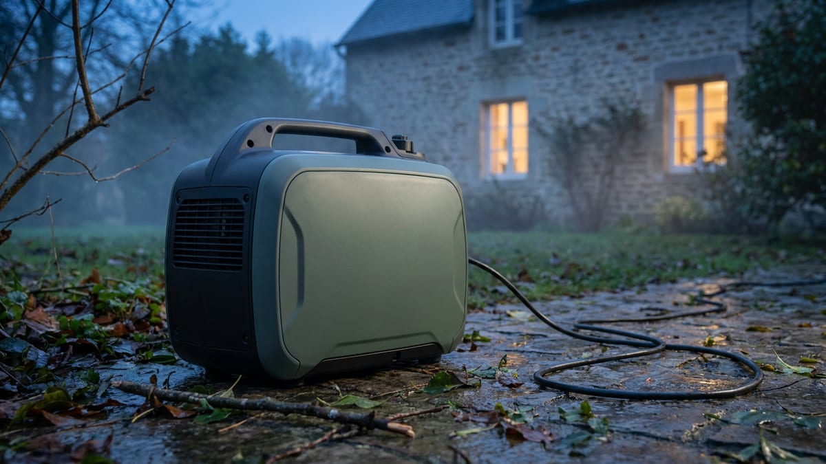 Groupe électrogène compact posé sur une terrasse en pierre, à distance d'une maison aux fenêtres éclairées, une rallonge d'extérieur tirée vers la façade au crépuscule