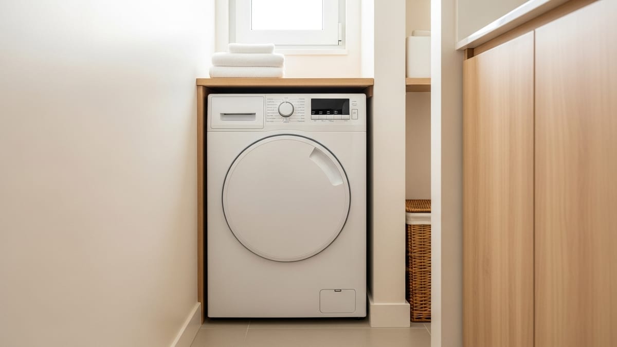 Lave-linge 6 kg compact encastré dans une niche étroite entre un mur et un meuble en bois clair