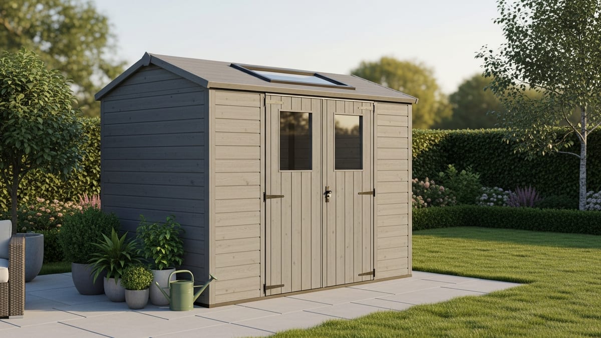 Abri de jardin en résine imitation bois avec double porte sur une terrasse