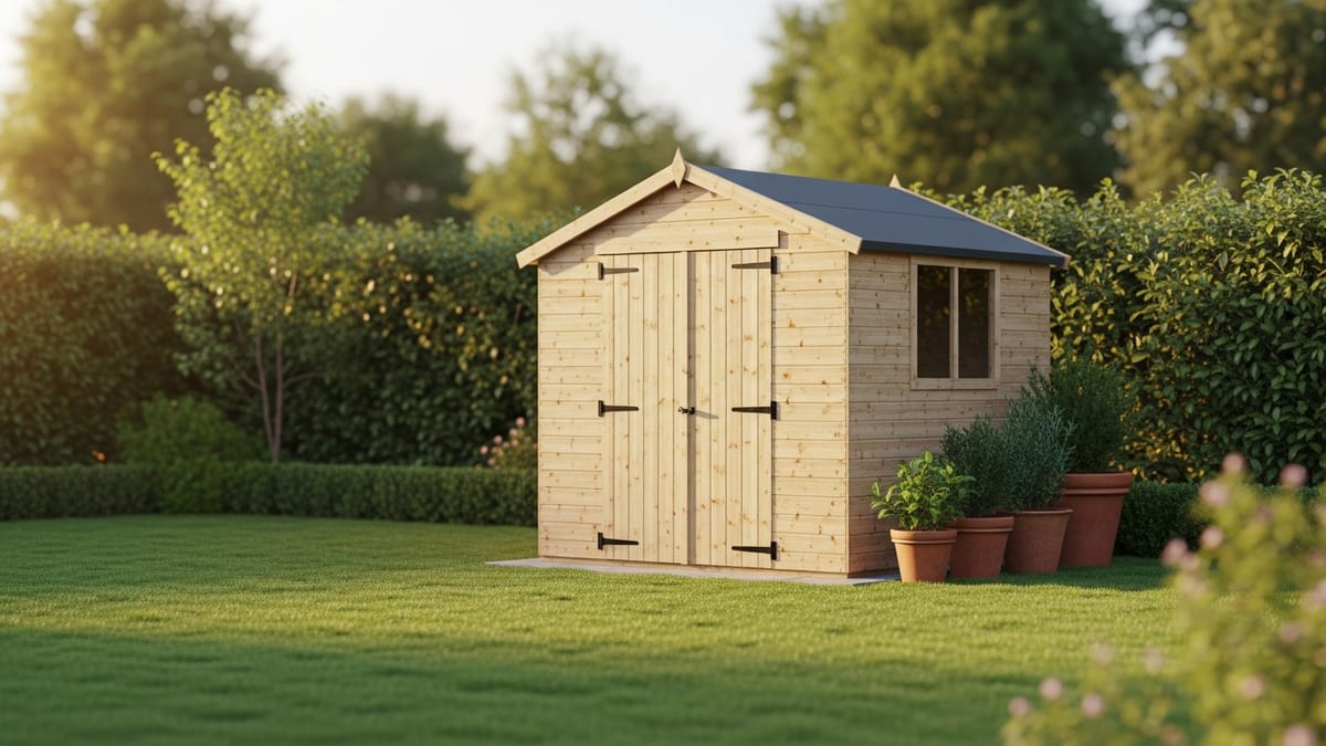 Abri de jardin posé sur une pelouse, comparatif tous matériaux