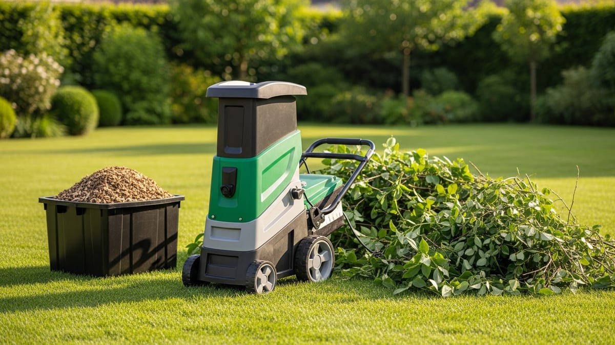 Comparatif des meilleurs broyeurs de végétaux 2026 dans un jardin, avec branches et broyat