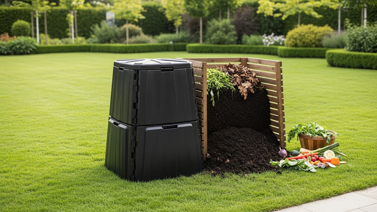 Comparatif des meilleurs composteurs 2026 : bac de jardin et bac à compost en bois sur une pelouse