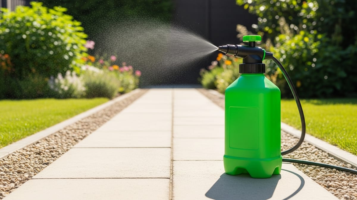 Pulvérisateur de désherbant sur une allée de jardin sans mauvaises herbes, massifs verts au soleil