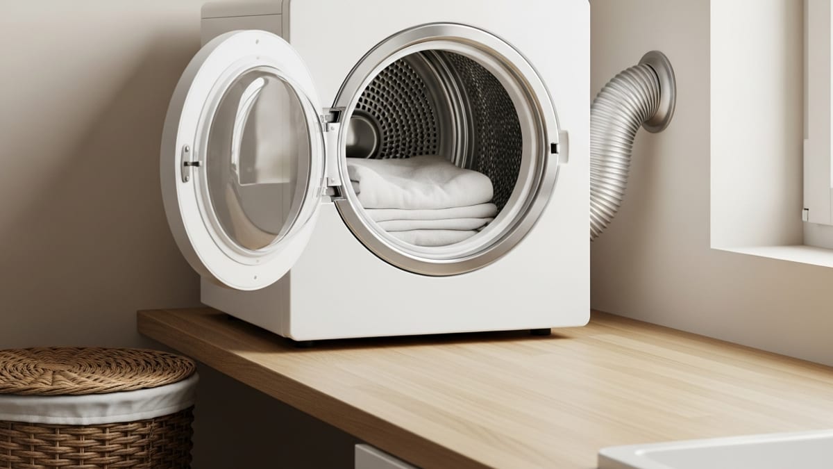 Mini sèche-linge posé sur un plan de travail en bois dans un studio, hublot ouvert sur du linge plié, tuyau d'évacuation souple raccordé au mur
