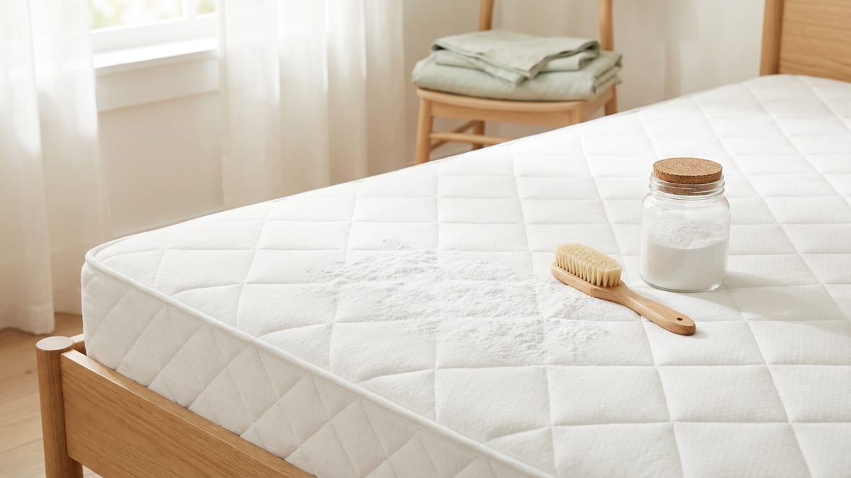 Matelas blanc découvert saupoudré de bicarbonate, avec une brosse à poils doux et un bocal de poudre, dans une chambre lumineuse