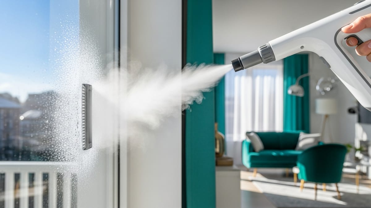 Nettoyeur vapeur projetant de la vapeur sur une vitre