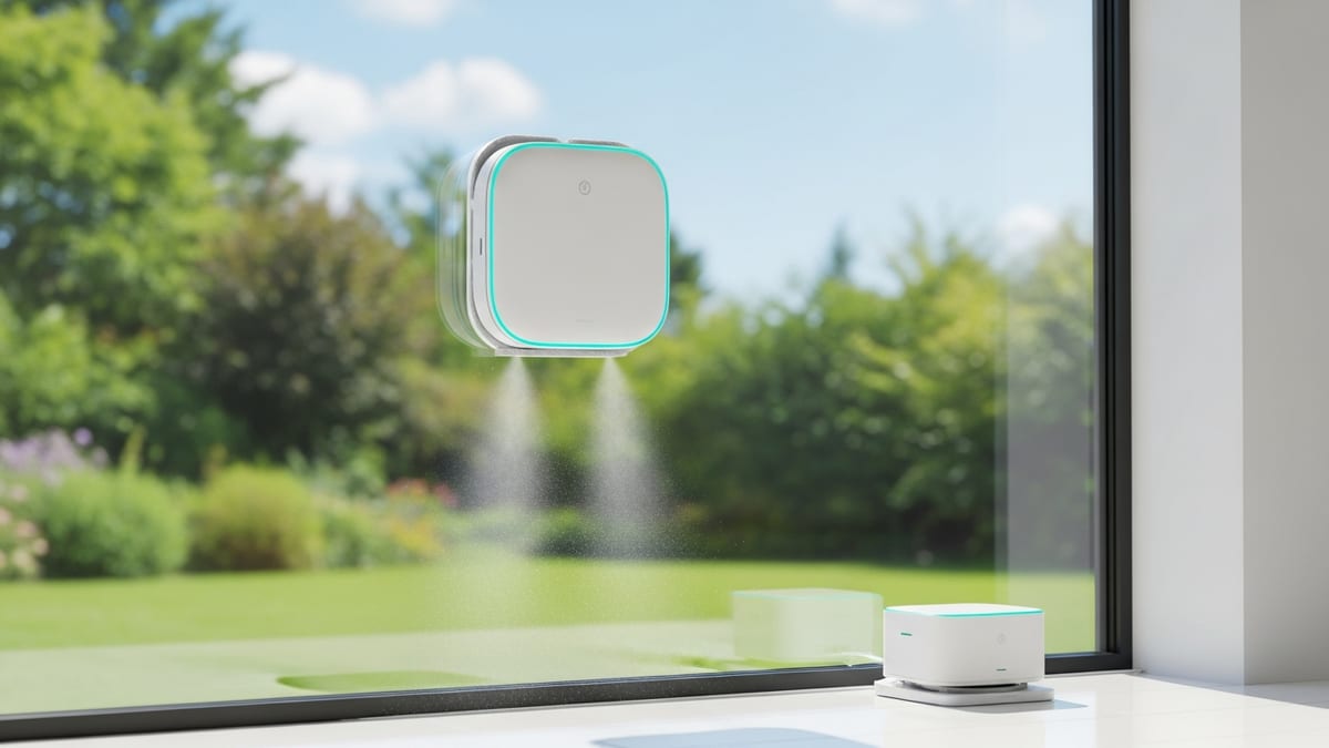 Robot lave-vitre Ecovacs Winbot nettoyant une grande baie vitrée