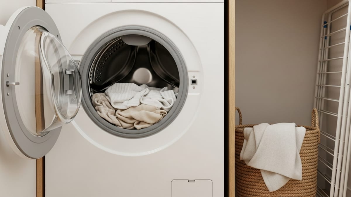 Machine à laver séchante frontale encastrée dans un placard étroit d'appartement, hublot ouvert sur un tambour à demi rempli de linge sec