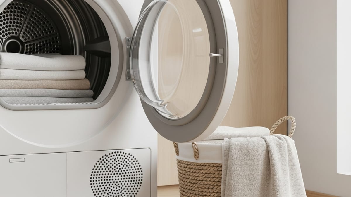 Sèche-linge 8 kg à hublot ouvert sur un tambour rempli de serviettes pliées, panier de linge en osier posé à côté dans une buanderie claire