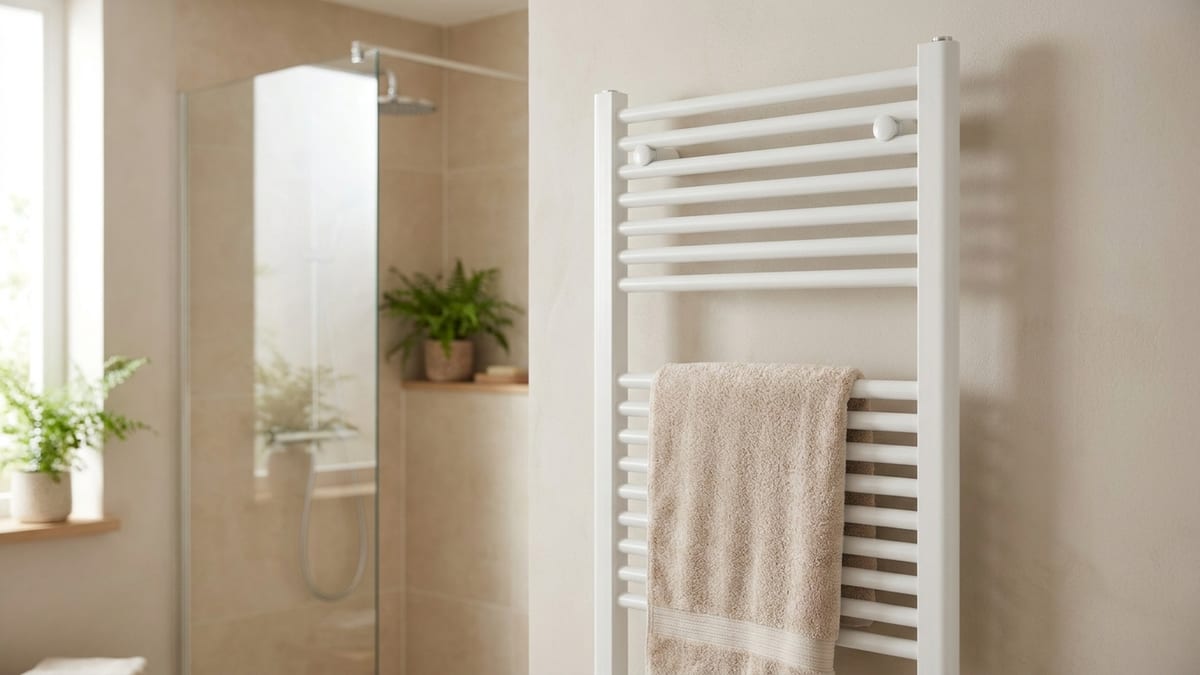 Sèche-serviette mural blanc à barres rondes dans une salle de bain claire, avec une serviette beige suspendue