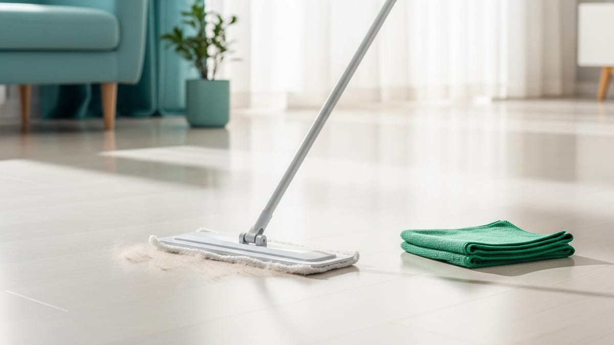 Balai Swiffer attrape-poussière nettoyant un sol et housse microfibre lavable