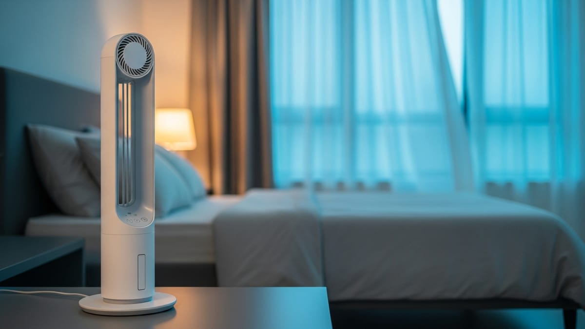 Ventilateur silencieux à moteur DC posé dans une chambre calme au crépuscule, pour dormir au frais